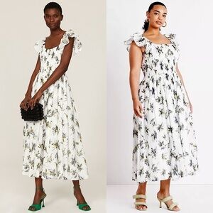 TANYA TAYLOR Floral Print Sleeveless Ruffle Shoulder Smocked Bodice Midi Dress S